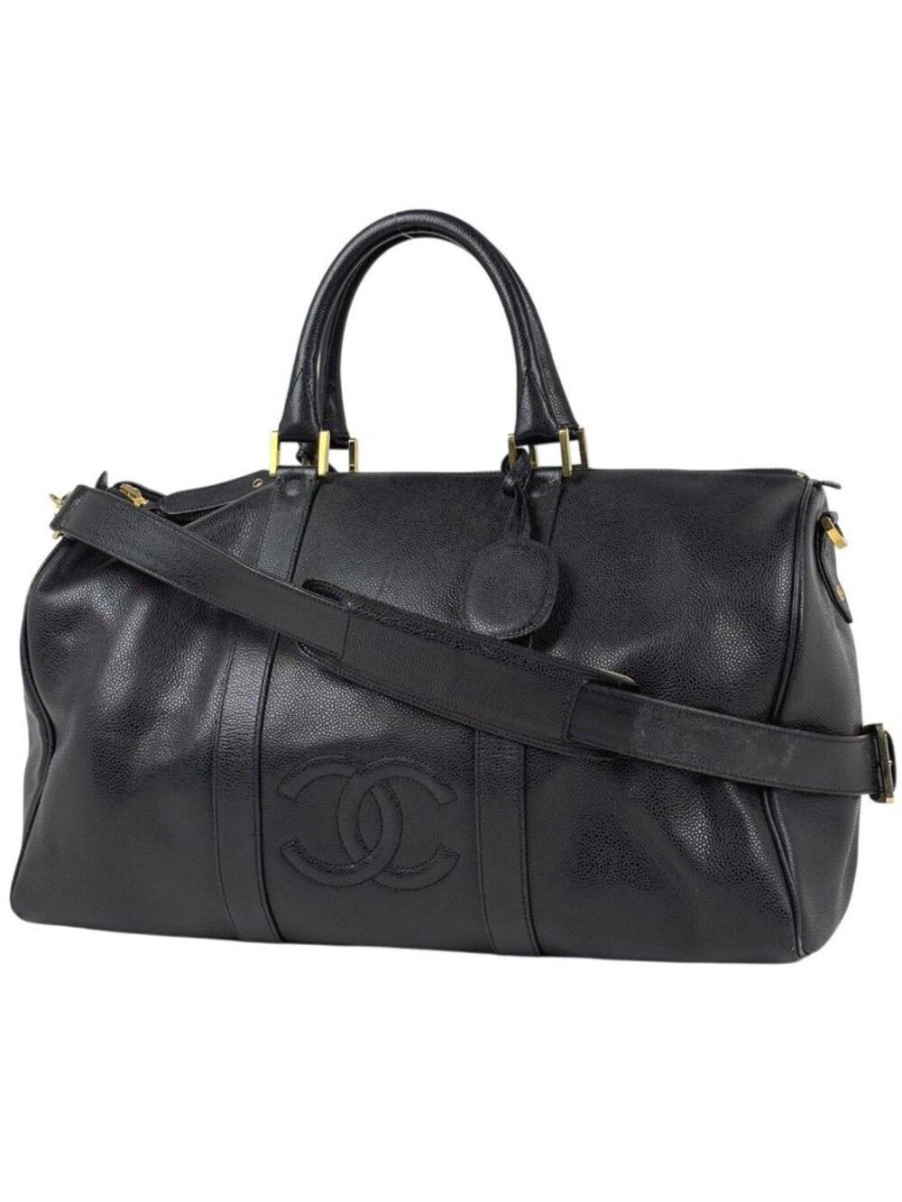Chanel CC Logo Boston Bag 2-Way Caviar Leather Black